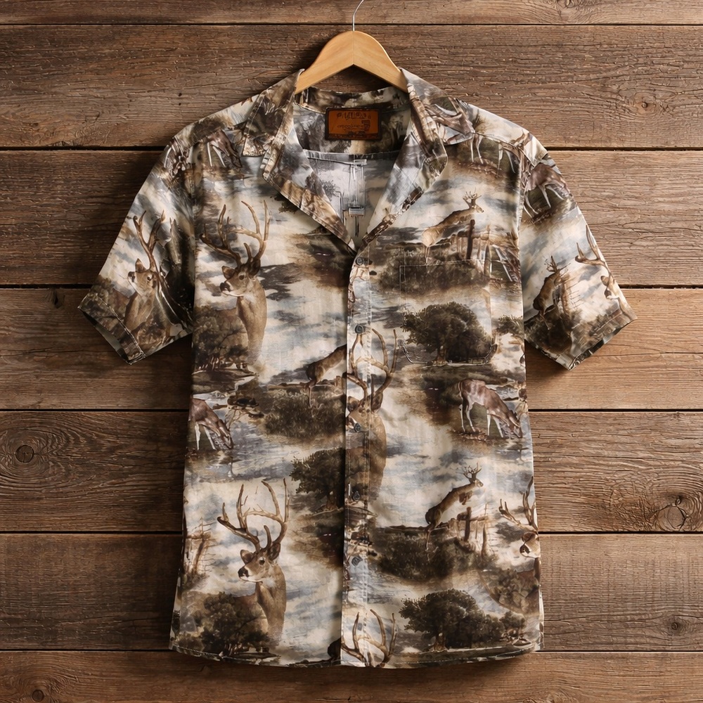 Bluff Creek Outfitters Medium Buck Theme Button Down Cotton Brown White Shirt